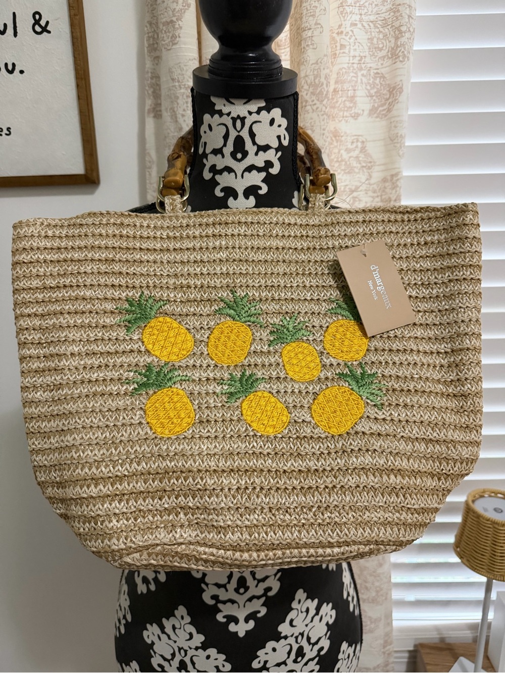 D’Margeaux Straw Pineapple Tote Bag - Yellow/Green